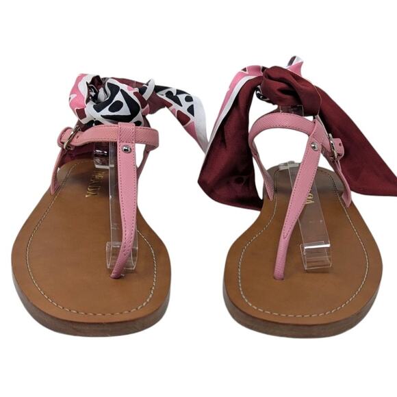 Prada Pink Leather Sandals with Printed Scarf Tie Size 38.5 Designer Flat Thong - Picture 5 of 9